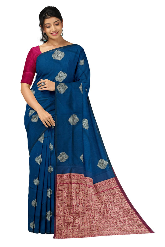 Kota/Silk cotton handloom sarees thread bhutta with running blouse (Blue with Wine)