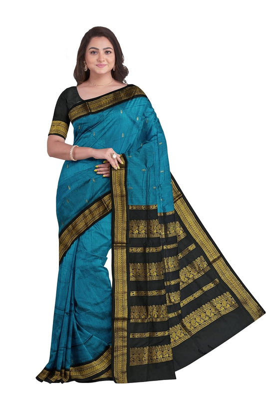 AADHIRA SILKS - Women's Pure Kalyani Cotton Silk Saree with Zari Border with running Blouse (Turquoise Blue with Black)